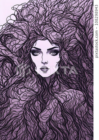 Beautiful girl with long curly hair. Hand-drawn illustration. 108298943