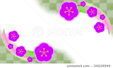 Japanese style modern background illustration with plum blossoms and checkered pattern [16:9] 108298949