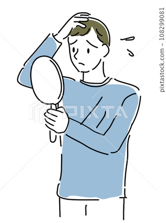 一個男人一邊照鏡子一邊擔心自己的頭髮的簡單線條畫 108299081