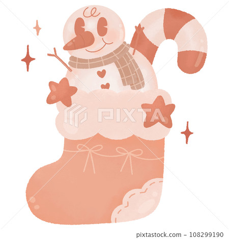 baby snowman and candy cane is stocking ribbon star pink christmas vibes groovy retro cute watercolor cartoon clipart 108299190
