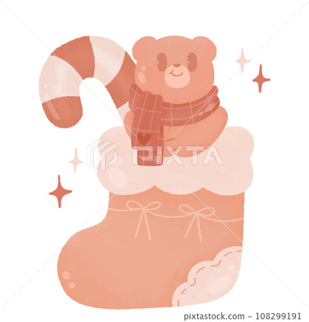 teddy bear and candy cane is stocking ribbon star pink christmas vibes groovy retro cute watercolor cartoon clipart 108299191