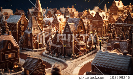 AI-generated content. Snow covered town made from gingerbread AI-generated content. Snow covered town made from gingerbread 108299246