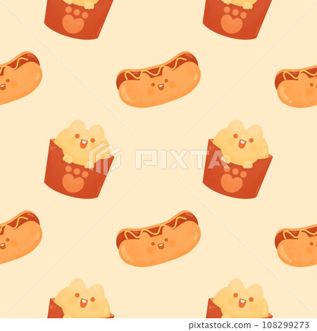Cute Kawaii cat bread bun hot dog and French fries fast food happy character American food seamless pattern Cute Kawaii cat bread bun hot dog and French fries fast food happy character American food seamless pattern 108299273