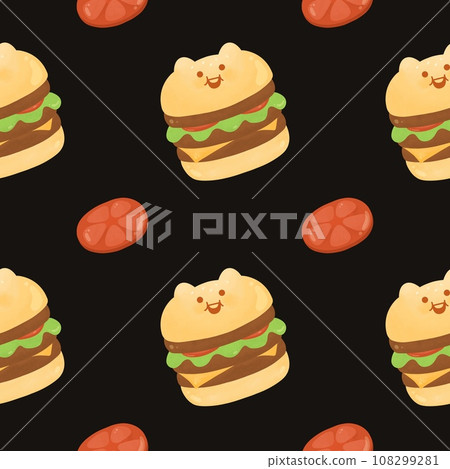 Cute Kawaii cat bread bun tomato cheeseburger fast food happy character American food seamless pattern 108299281