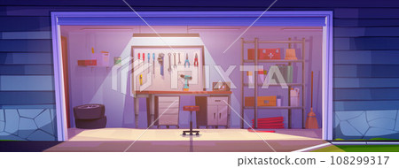 Workshop interior in garage room cartoon vector 108299317