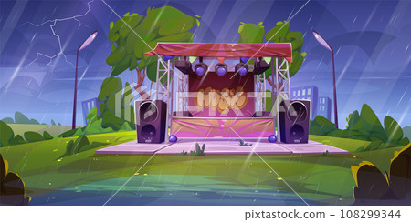 Open air music festival stage in rain Open air music festival stage in rain 108299344