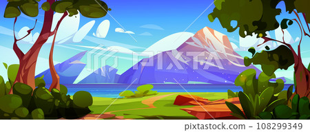 Mountain landscape with lake in green valley 108299349