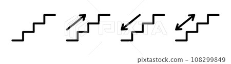 Stairs up and down icon with arrow. Stairway direction sign. Up and down stair symbol. Escalator black pictogram. Vector illustration isolated on white background. Editable stroke 108299849