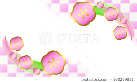 Japanese style modern background illustration with plum blossoms and checkered pattern [16:9] 108299851
