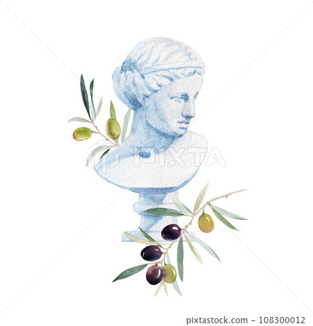 Beautiful composition with antique statue head bust of the Greek goddess Aphrodite. Stock clipart watercolor hand drawn illustration. 108300012