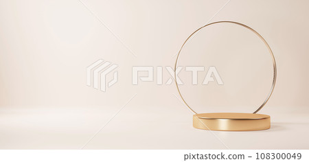 Golden pedestal on a beige background. Circular gold and glass. copy space. (horizontal) 108300049