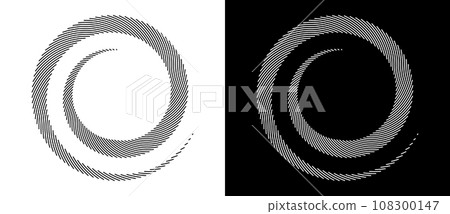 Lines in circle abstract background. Dynamic transition illusion. Black shape on a white background and the same white shape on the black side. Lines in circle abstract background. Dynamic transition illusion. Black shape on a white background and the same white shape on the black side. 108300147