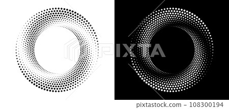 Modern abstract background. Halftone dots in circle form. Round logo. Vector dotted frame. Design element or icon. Black shape on a white background and the same white shape on the black side. 108300194