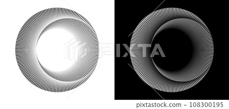 Lines in circle abstract background. Dynamic transition illusion. Black shape on a white background and the same white shape on the black side. 108300195