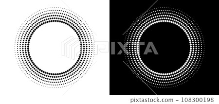 Modern abstract background. Halftone dots in circle form. Round logo. Vector dotted frame. Design element or icon. Black shape on a white background and the same white shape on the black side. 108300198