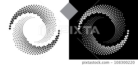 Spiral dotted background with rhombuses. Yin and yang style. Design element or icon. Black shape on a white background and the same white shape on the black side. 108300220