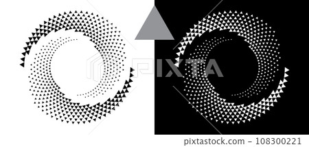 Abstract background with triangles in circle. Art design spiral as logo or icon. A black figure on a white background and an equally white figure on the black side. Abstract background with triangles in circle. Art design spiral as logo or icon. A black figure on a white background and an equally white figure on the black side. 108300221