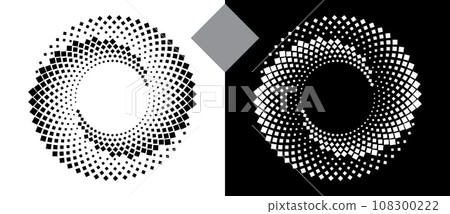 Spiral dotted background with rhombuses. Yin and yang style. Design element or icon. Black shape on a white background and the same white shape on the black side. Spiral dotted background with rhombuses. Yin and yang style. Design element or icon. Black shape on a white background and the same white shape on the black side. 108300222