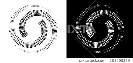 Modern abstract background. Halftone dots in circle form. Round logo. Vector dotted frame. Design element or icon. Black shape on a white background and the same white shape on the black side. Modern abstract background. Halftone dots in circle form. Round logo. Vector dotted frame. Design element or icon. Black shape on a white background and the same white shape on the black side. 108300229