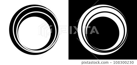 Rotating art lines in circle shape as symbol, logo or icon. Black shape on a white background and the same white shape on the black side. 108300230
