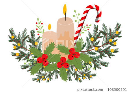Christmas decoration with candles and candy, pine leaf, mistletoe. Christmas decoration with candles and candy, pine leaf, mistletoe. 108300391