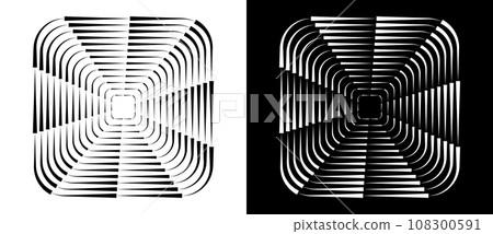 Rotating art lines in square shape as symbol, logo or icon, design element. Black shape on a white background and the same white shape on the black side. Rotating art lines in square shape as symbol, logo or icon, design element. Black shape on a white background and the same white shape on the black side. 108300591