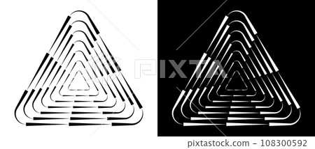 Rotating art lines in triangle shape as symbol, logo or icon, design element. Black shape on a white background and the same white shape on the black side. 108300592