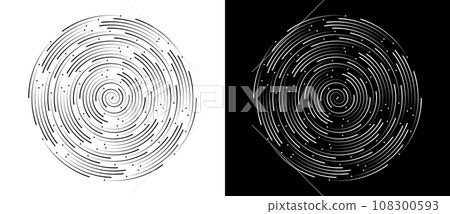 Abstract background with lines and dots in circle. Art design spiral as logo or icon. Black shape on a white background and white shape on the black side. Abstract background with lines and dots in circle. Art design spiral as logo or icon. Black shape on a white background and white shape on the black side. 108300593