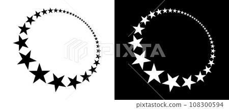 Abstract background with stars in circle. Art design circle as logo or icon. Black shape on a white background and the same white shape on the black side. 108300594