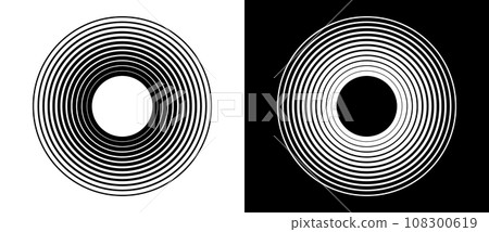 A set of circles of different thickness. Design element or icon. A black figure on a white background and the same white figure on the black side. A set of circles of different thickness. Design element or icon. A black figure on a white background and the same white figure on the black side. 108300619