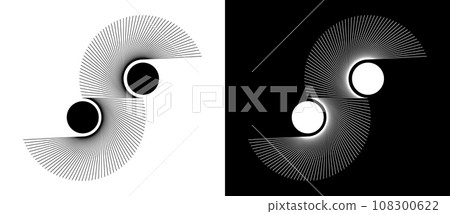 Lines in circle abstract background. Dynamic transition illusion. Black shape on a white background and the same white shape on the black side. 108300622