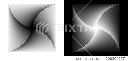 Modern abstract background with squares in rotation. Design element or icon. Black shape on a white background and the same white shape on the black side. Modern abstract background with squares in rotation. Design element or icon. Black shape on a white background and the same white shape on the black side. 108300657
