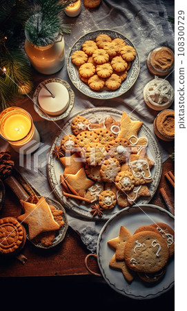 Tasty homemade Christmas cookies on the table. Gingerbread. Top view Tasty homemade Christmas cookies on the table. Gingerbread. Top view 108300729
