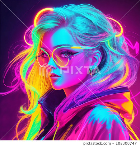Colorful neon girl illustration art (AI generated image) 108300747