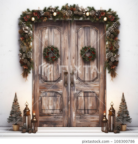 A wooden door decorated for Christmas isolated on white background. A wooden door decorated for Christmas isolated on white background. 108300786