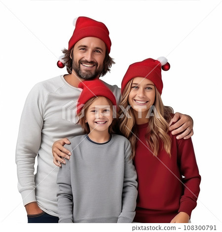 Christmas Holidays. Family In Santa Hats Standing And Smiling On White Background 108300791