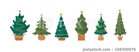 Christmas trees in pots. Set of holiday green firs with garlands and stars. Cozy home decorations on white background. Vector illustration in flat cartoon style 108300978