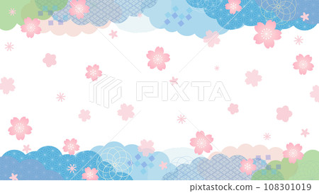 春天般的櫻花花朵淡藍色日式邊框向量素材 108301019