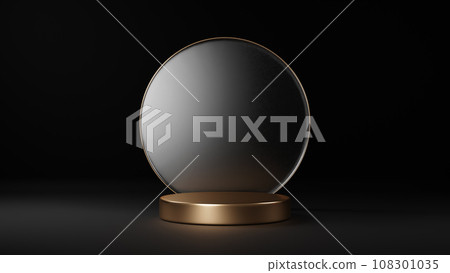 Golden pedestal on a black background. Circular gold and glass. (horizontal) 108301035