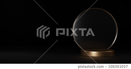 Golden pedestal on a black background. Circular gold and glass. copy space. (horizontal) 108301037