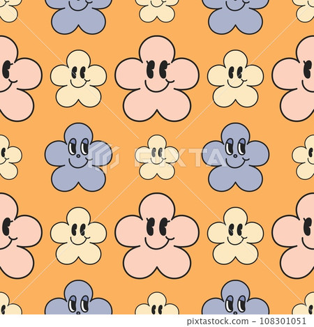 vintage 70s style flower cherry blossom seamless pattern Colorful pastel color groovy artwork, garden nature with spring plants. Trendy floral banner illustration. vintage 70s style flower cherry blossom seamless pattern Colorful pastel color groovy artwork, garden nature with spring plants. Trendy floral banner illustration. 108301051