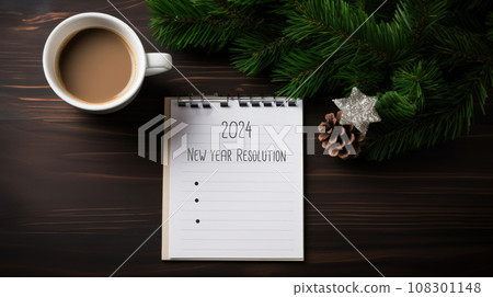 Hand write down 2024 new year resolution on blank notebook. 108301148