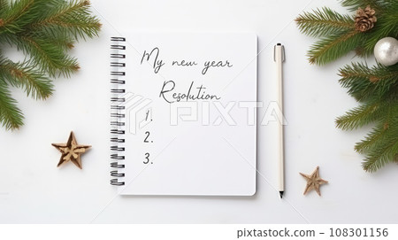 Hand write down 2024 new year resolution on blank notebook. 108301156