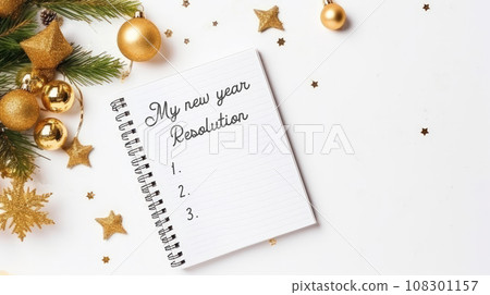 Hand write down 2024 new year resolution on blank notebook. 108301157