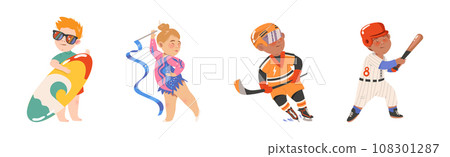 Happy Children Doing Sport Physical Activity Vector Set Happy Children Doing Sport Physical Activity Vector Set 108301287