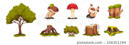Forest Landscape Elements with Tree, Stump and Mushroom Vector Set 108301294