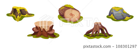 Forest Landscape Elements with Log, Stone and Tree Stump Vector Set 108301297