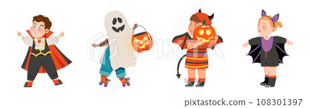 Little Kids in Halloween Costume and Dress Vector Set Little Kids in Halloween Costume and Dress Vector Set 108301397