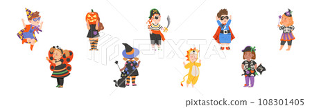 Little Kids in Halloween Costume and Dress Vector Set Little Kids in Halloween Costume and Dress Vector Set 108301405