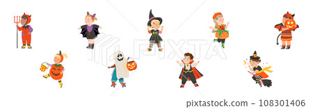 Little Kids in Halloween Costume and Dress Vector Set 108301406